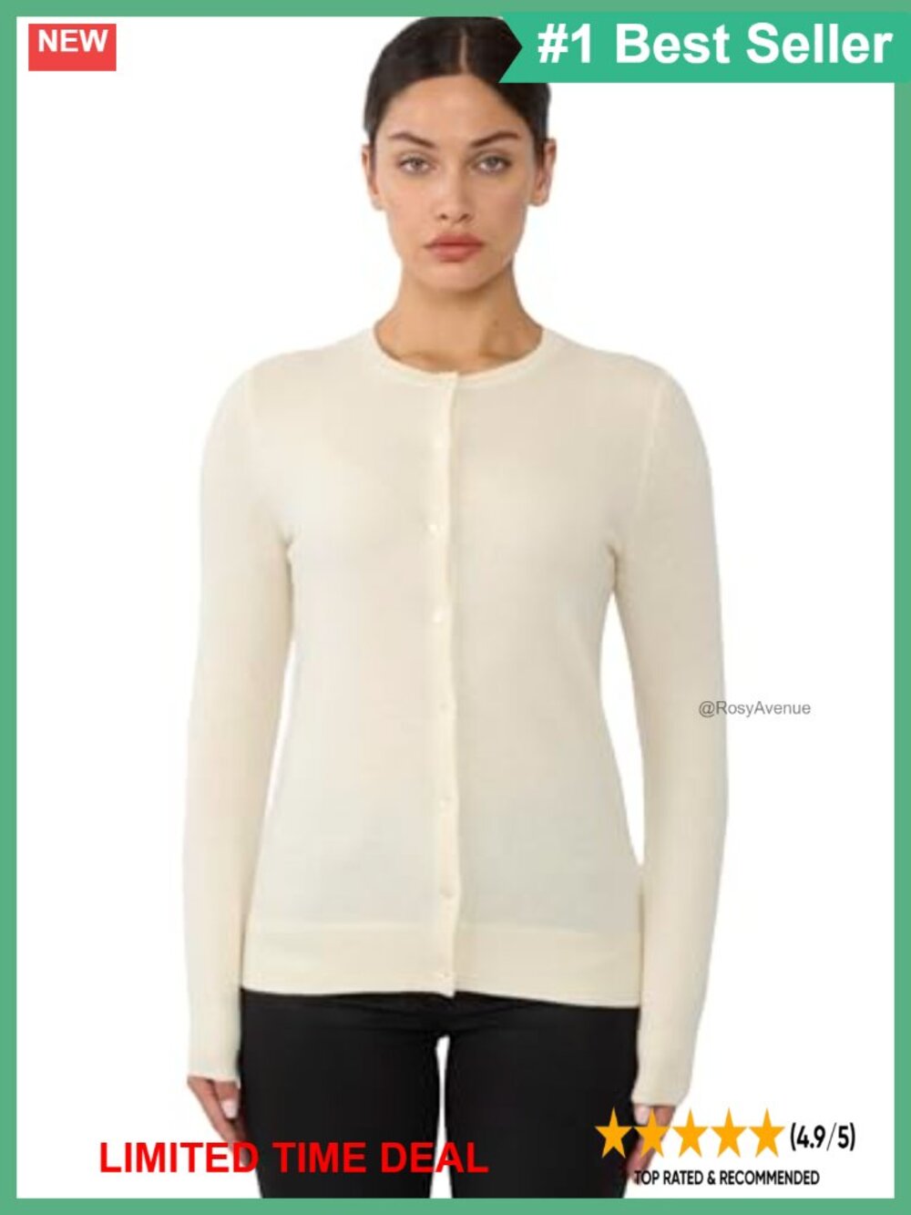 100% Cashmere Cardigan Sweater Button Front Crewneck Hip Length
